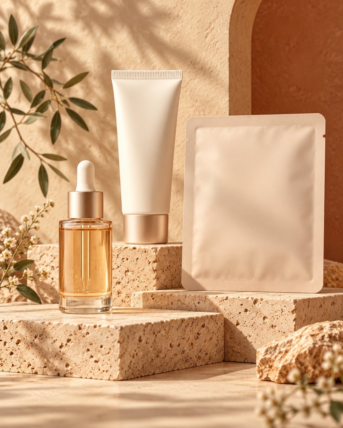 Sérum, protector solar facial y mascarilla en tela como referencias de desarrollo de producto